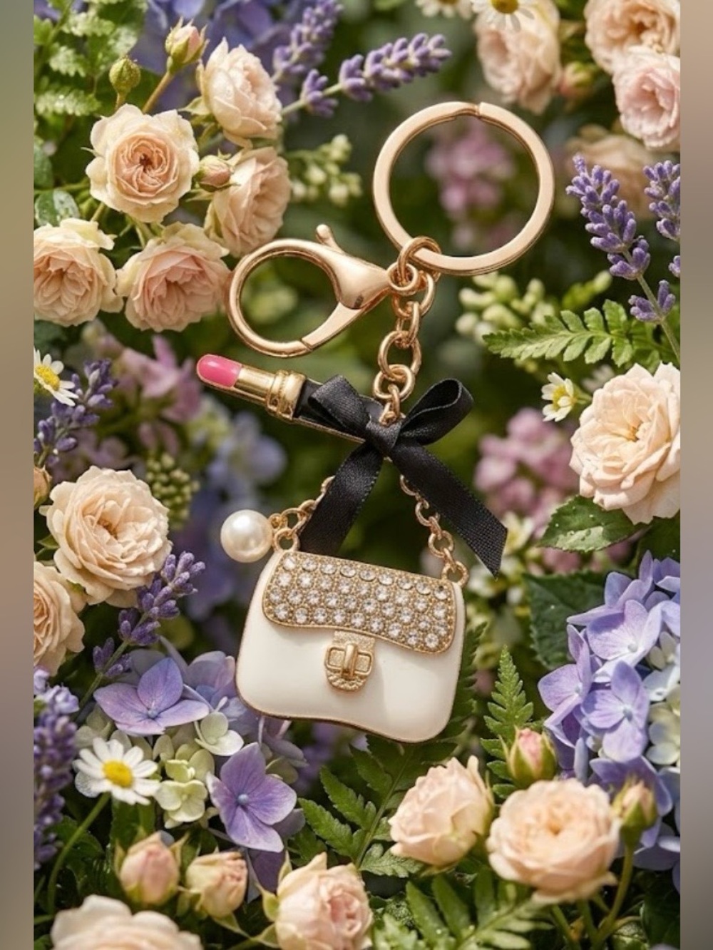 Gold-Tone Lipstick & Handbag Keychain with Black Bow